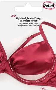 Detail of deep red seamless satin bra featuring U-shaped underwire for push-up support