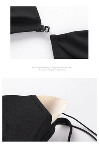 Detail of black wireless bra with thin sponge pads and metal back closure mechanism