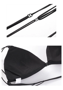 Detail of thin adjustable straps and front closure on a black French triangle bra