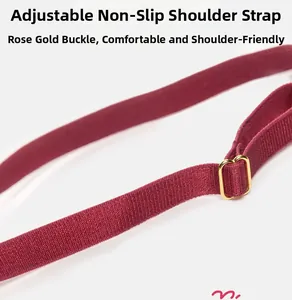 Detail of adjustable non-slip burgundy straps with rose gold metallic buckles