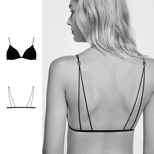 Front and back view of a black thin-strap backless bra with a deep V-shaped design