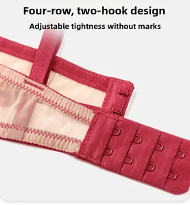 Detail of burgundy bra back closure featuring a 4-row and 2-hook adjustable design