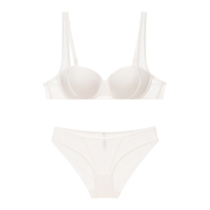 Dettaglio del set reggiseno push-up bianco senza cuciture e slip con fianchi in mesh velato