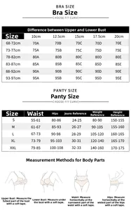 Detailed size guide for French lace bra set including underbust and cup measurements