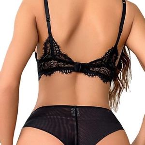 Sexy black lace lingerie set with deep V eyelash bra and sheer mesh panty for women