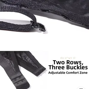 Detail of the two-row three-hook back closure on a black seamless push-up bra strap