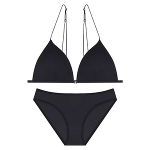 Sleek black ribbed lingerie set with front-closure bra and thin double straps