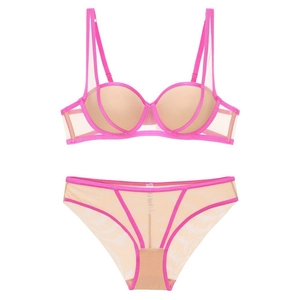 Ensemble de lingerie push-up sexy avec bretelles contrastées rose et maille beige