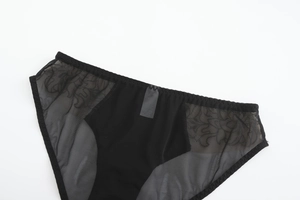 Dettaglio slip in rete nera trasparente con ricamo in pizzo e bordi elasticizzati