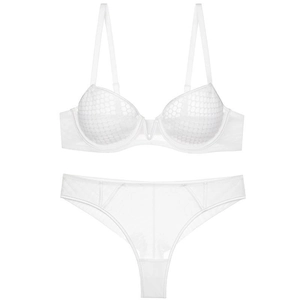White French lace lingerie set featuring honeycomb mesh underwire bra and matching thong