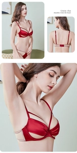 Detailed close-up of red satin bra set with hollow-out cups and cross-strap back design