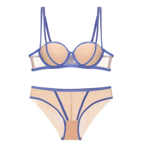 Set lingerie blu reale e nudo con reggiseno a ferretto 1/2 coppa e slip a V abbinato