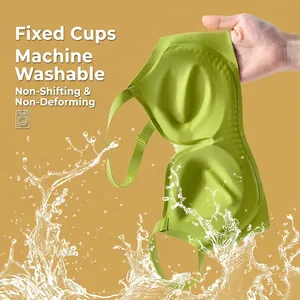 Seamless green push-up bra with fixed cups and machine washable wireless design