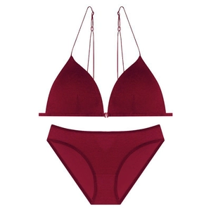 French sexy burgundy wireless triangle bra set with front buckle and thin straps