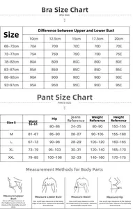 Detailed sizing chart for seamless bra and panties with body measurement guidelines
