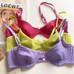 Lace bralette set featuring ultra-thin deep V cups in magenta, neon green and lavender