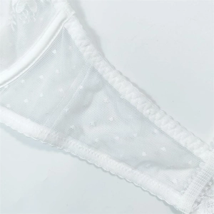 Detailed close-up of white floral lace embroidery and sheer mesh on a lingerie piece