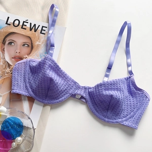 Flat lay of purple lace mesh bra with honeycomb texture and underwire support