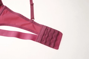 Detail of plum red bra back closure featuring three-row hook-and-eye and adjustable straps