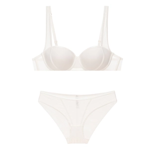 Flat lay of ivory push-up bra set featuring mesh paneling and contrast strap detailing
