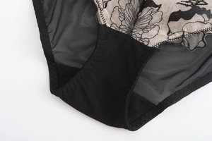 Détail de la broderie florale noire et du tissu en maille de cette culotte en dentelle