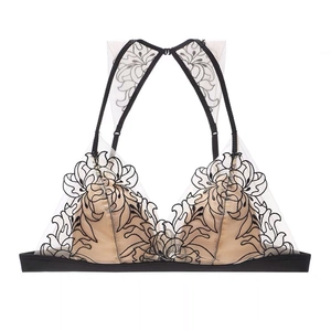 French Style Sexy Lace Embroidery Triangle Cup Bra No Wire Breathable Cross Back Mesh Lingerie For Women