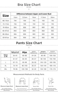 Lingerie set size chart for bra 70A-95E and panties S-XXL with measurement guide