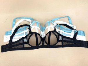 Lace mesh push-up bras in black white and teal featuring strappy hollow-out cage design