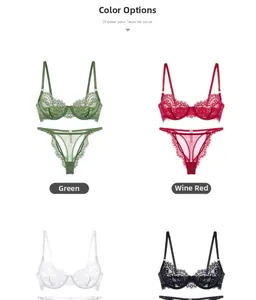 Lace bra set in green, burgundy, white and black featuring floral patterns and thin straps