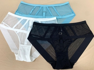 Three-pack of sexy hollow mesh panties in light blue, white, and black cage style