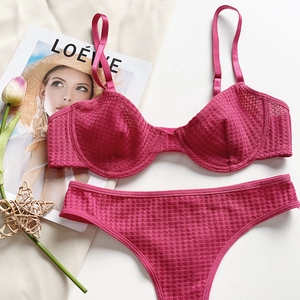 French style deep pink waffle texture lingerie set with underwire bra and thong