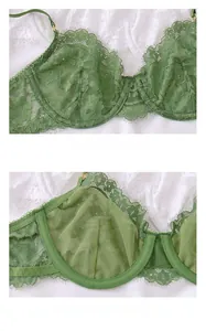 Close-up of floral lace cup and thin mesh lining on the green French balconette bra
