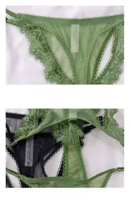Macro detail of grass green lace and black mesh fabric on women's high-leg underwear