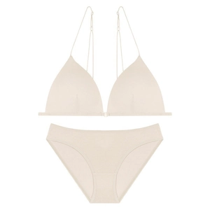 Minimalist beige ribbed lingerie set with thin straps and wire-free triangle bra
