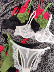 Detailed close-up of ultra-thin French lace lingerie set with delicate eyelash trim