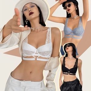Detailed close-up of lace bras with underwire support and stylish metal ring decoration