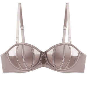 Lavender satin and mesh strapless bra with vertical stripes and rhinestone detail