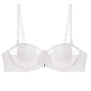 Sultry white mesh French bra with satin stripes and silver chain detail on white background