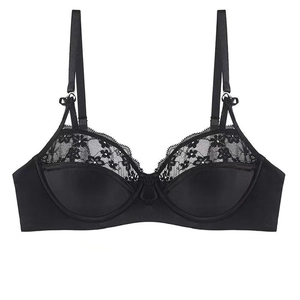 Detail of black lace bra showing delicate floral patterns and satin stitching craftsmanship
