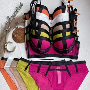 Five color lace lingerie sets with push-up cage design and contrasting black borders