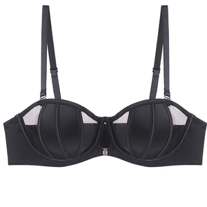 French style black 1/2 cup seamless push up bra with sheer mesh and stripe details