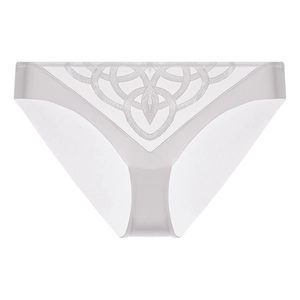 Detail view of intricate white floral embroidery on sexy lace thong for women