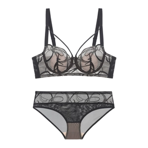 Detailansicht des schwarzen französischen Spitzen-Dessous-Sets mit Stickerei und Mesh