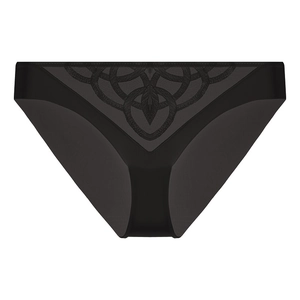 Close-up of black lace thong with exquisite floral embroidery and sheer mesh details