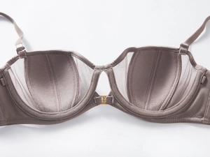 Close-up of seamless mesh bra featuring a gold front closure and padded half cups