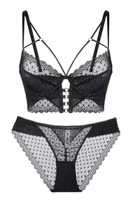 Detail of black lace lingerie set featuring intricate mesh patterns and metal hardware