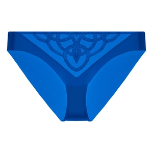 Detailed embroidery on royal blue lace thong with symmetric geometric pattern