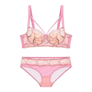 Detailansicht von rosa Spitzenunterwäsche-Set mit Stickerei und dünnen Doppelträgern