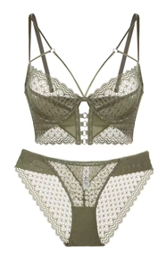 Detailed view of dark olive green lace bra set with scalloped edges and metal rings