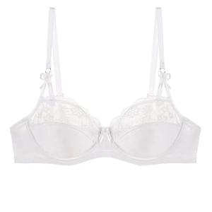 Elegant white lace bra with 3/4 cups, silk-like satin finish, and delicate bow accents